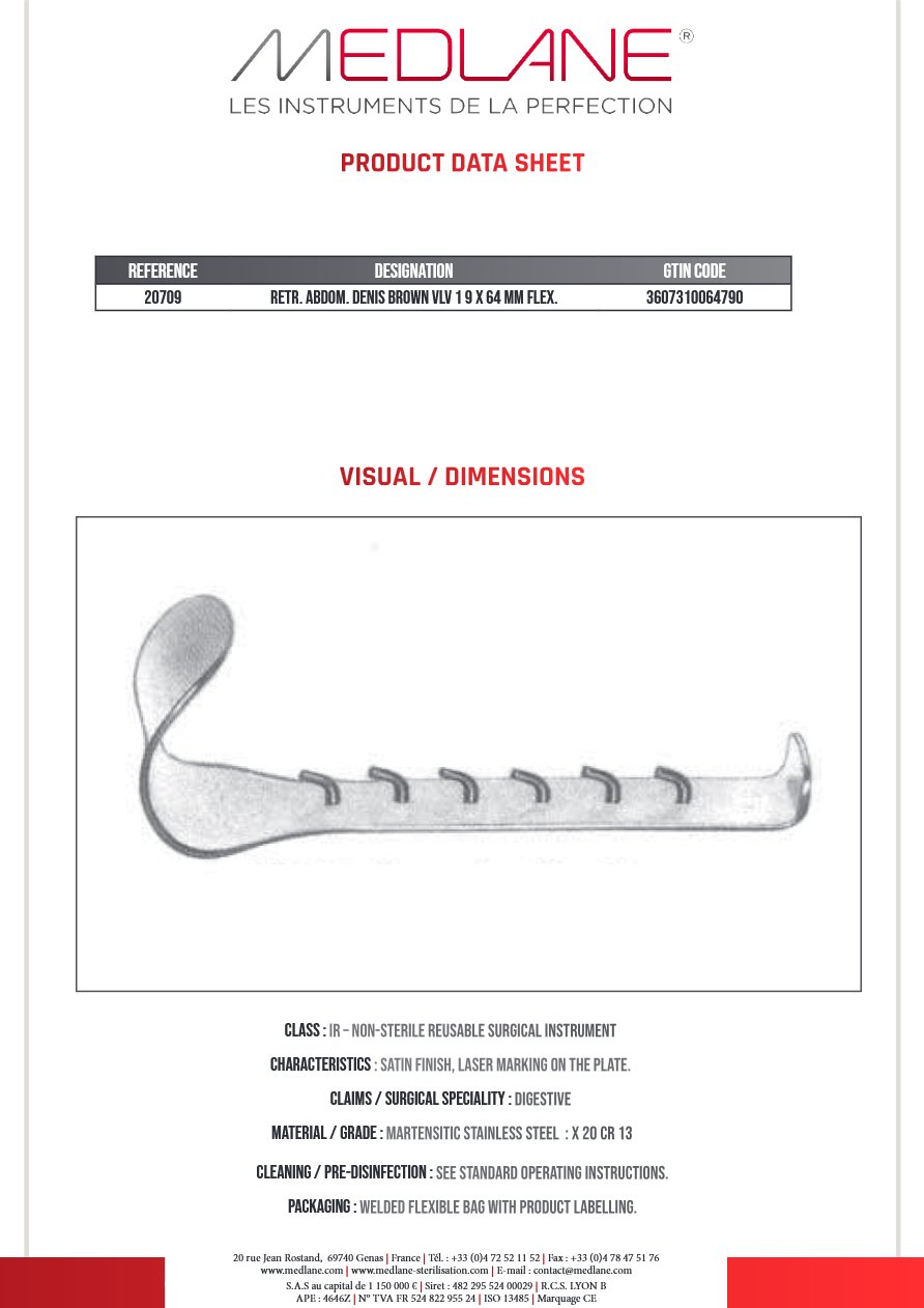 Photo produit MEDLANE : Ecarteur Abdominal Denis Brown Valve 19 X 64 Orien, référence 20709