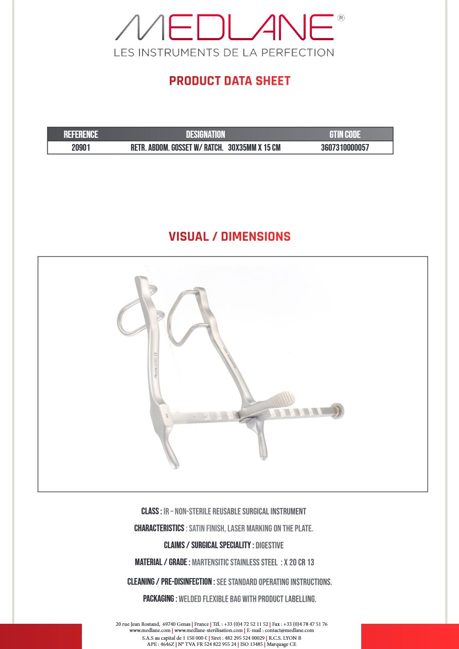 Photo produit MEDLANE : Ecarteur Abdominal Gosset Avec Crémaillère 30 X 35 X 150, référence 20901P