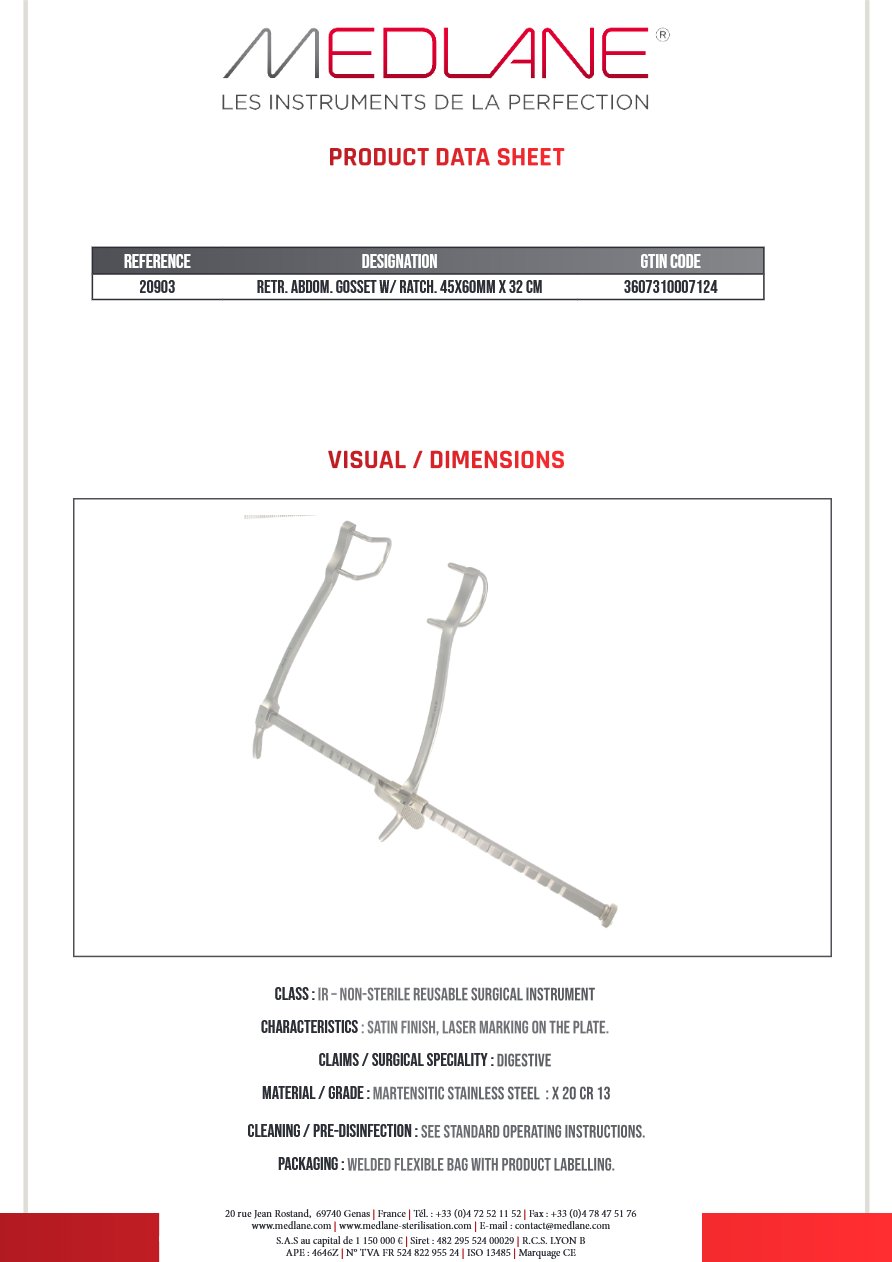 Photo produit MEDLANE : Ecarteur Abdominal Gosset Avec Crémaillère 45 X 60 X 300, référence 20903P