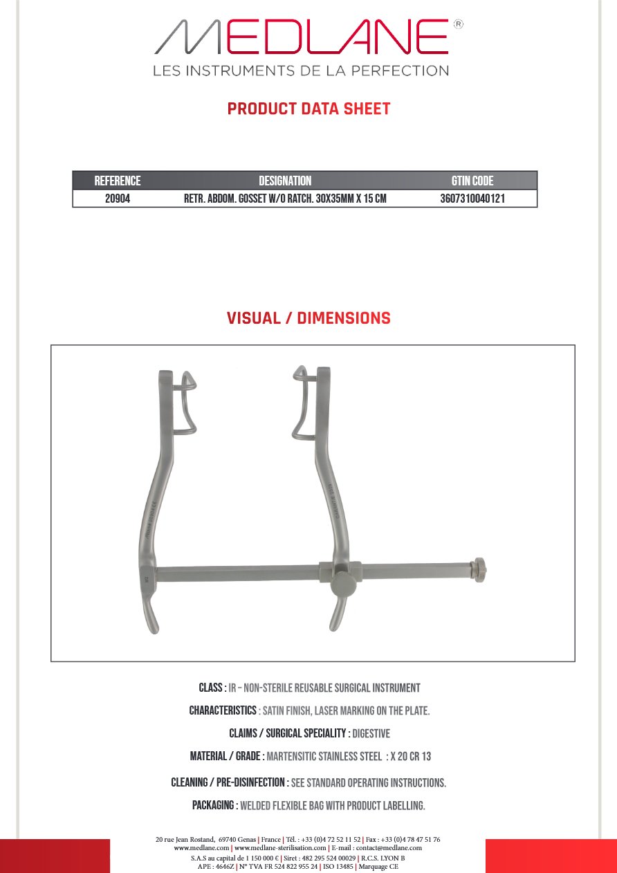 Photo produit MEDLANE : Ecarteur Abdominal Gosset Ss Crémaillère 30 X 35 X 150, référence 20904P