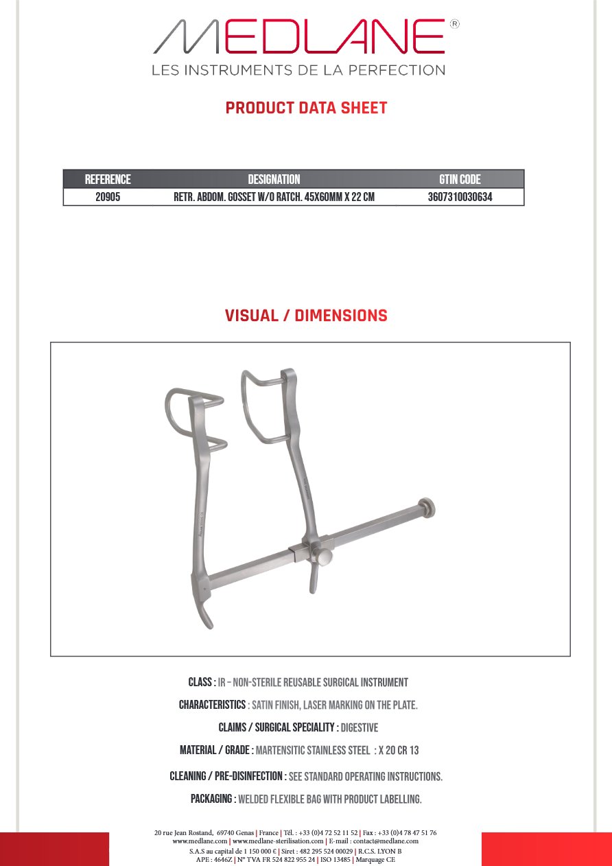Photo produit MEDLANE : Ecarteur Abdominal Gosset Ss Crémaillère 45 X 60 X 200, référence 20905P