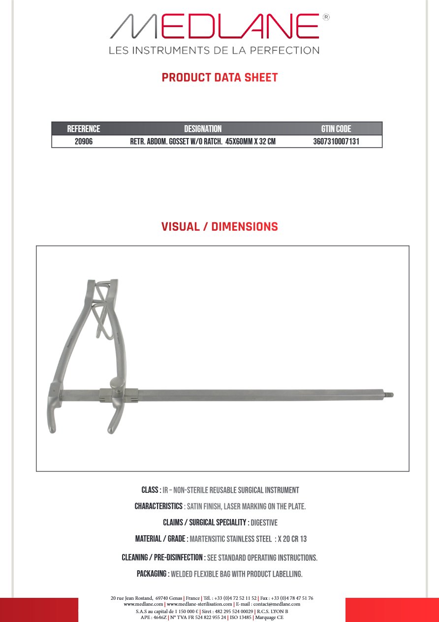 Photo produit MEDLANE : Ecarteur Abdominal Gosset Ss Crémaillère 45 X 60 X 300, référence 20906P