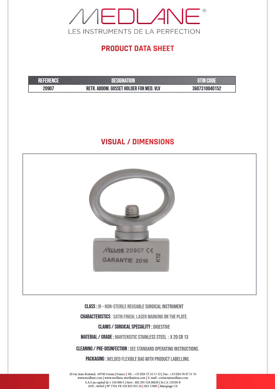 Photo produit MEDLANE : Ecarteur Abdominal Gosset Support Pr Valve Mediane, référence 20907P