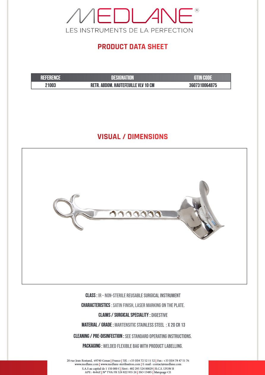 Ecarteur Abdominal Hautefeuille Valve 100 mm — REF 21003