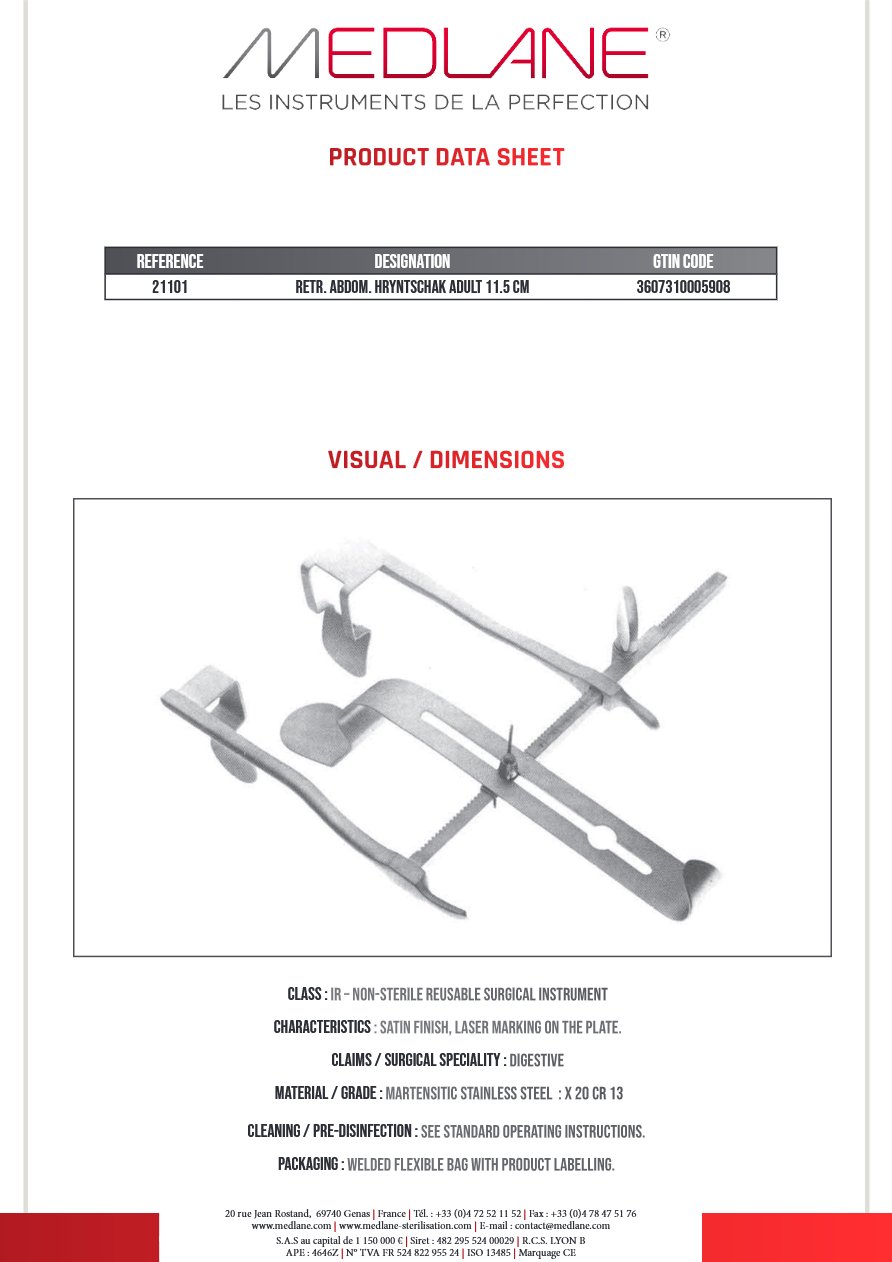 Photo produit MEDLANE : Ecarteur Abdominal Hryntschak Adulte 115 mm, référence 21101P