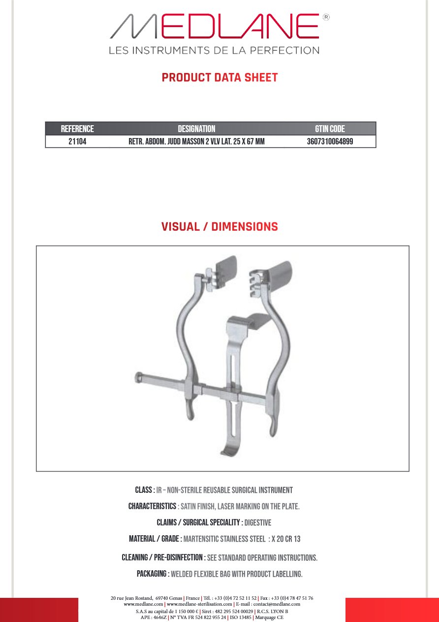 Ecarteur Abdominal Judd Masson 2 Valve Latéral 25 X 67 — REF 21104