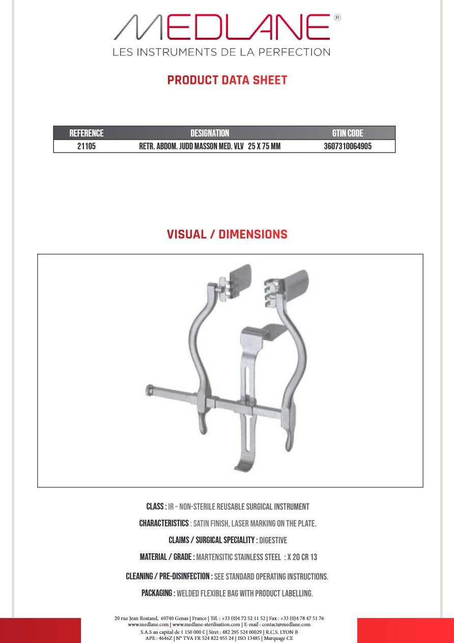Photo produit MEDLANE : Ecarteur Abdominal Judd Masson Valve Median 25 X 75, référence 21105