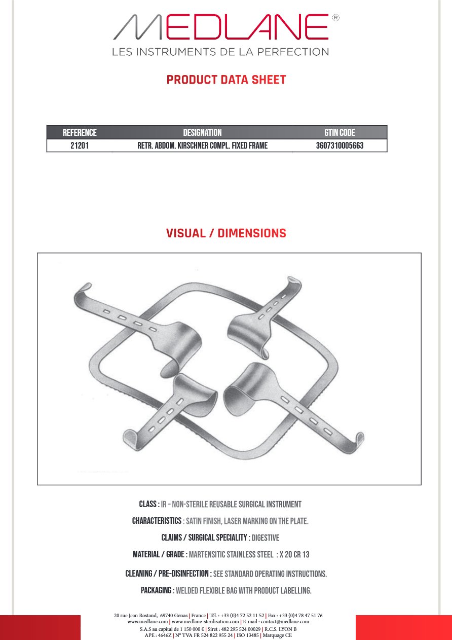 Ecarteur Abdominal Kirschner Complet Cadre Fixe — REF 21201P