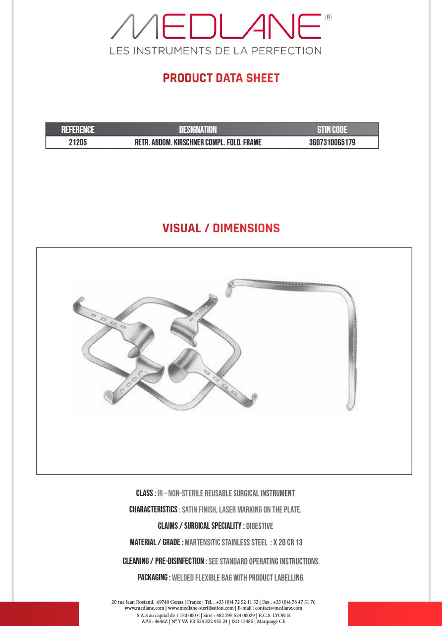 Photo produit MEDLANE : Rétracteur Abdominal KIRSCHNER COMPL. FOLD. FRAME, référence 21205P