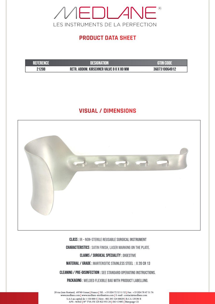 Ecarteur Abdominal Kirschner Valve 80 X 80 mm — REF 21208P