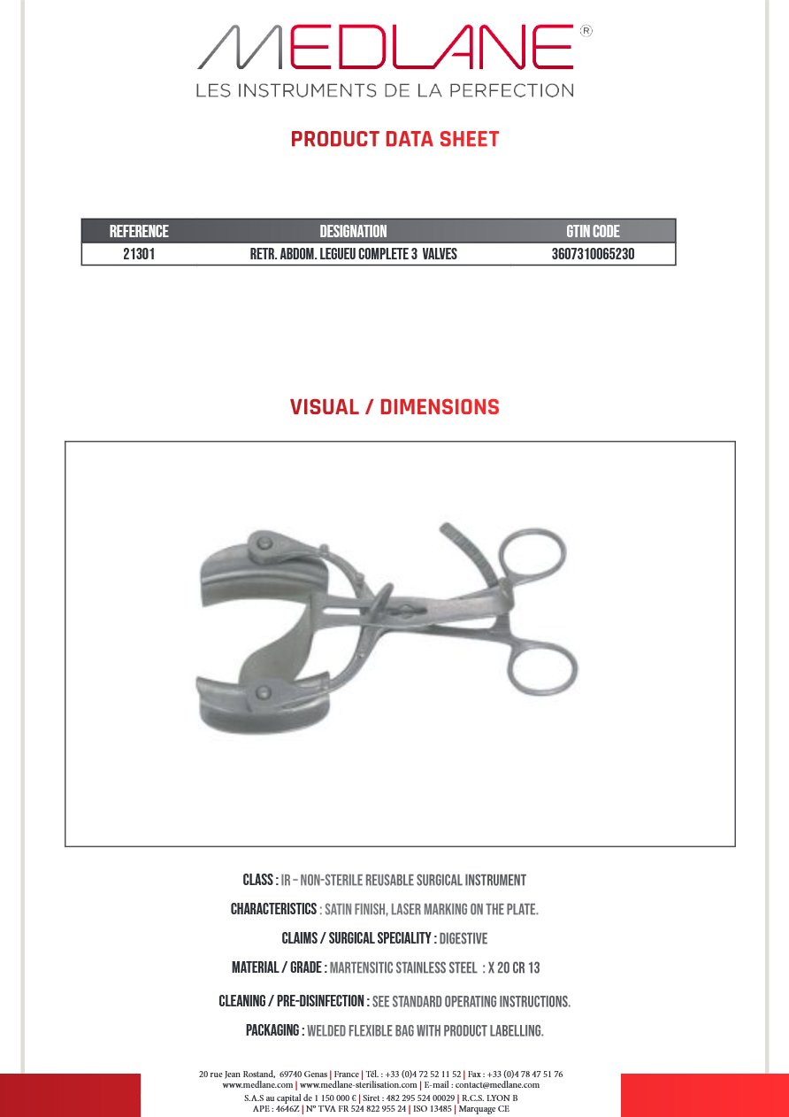 Rétracteur Abdominal LEGUEU COMPLETE 3 VALVES — REF 21301