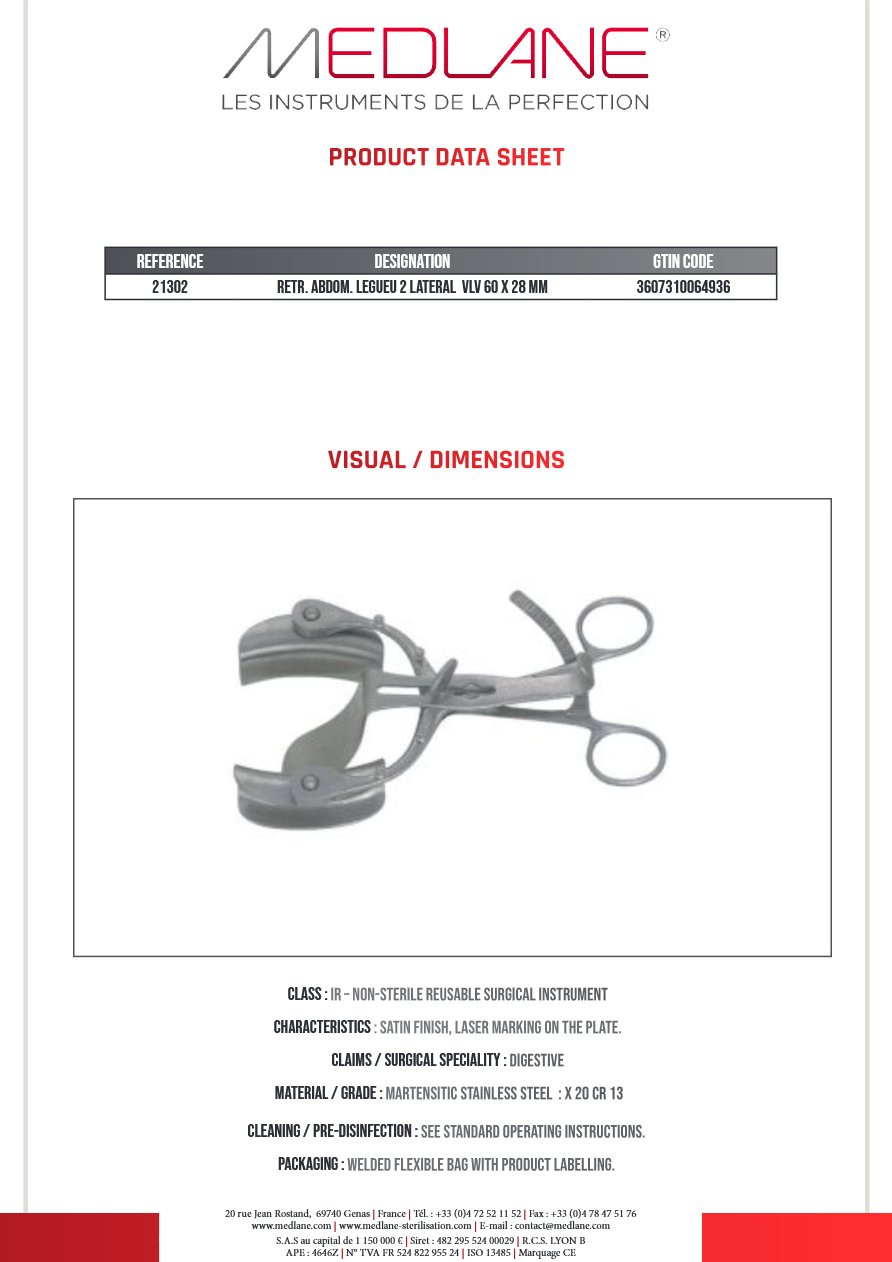 Ecarteur Abdominal Legueu 2 Valves Later 60 X 28 — REF 21302
