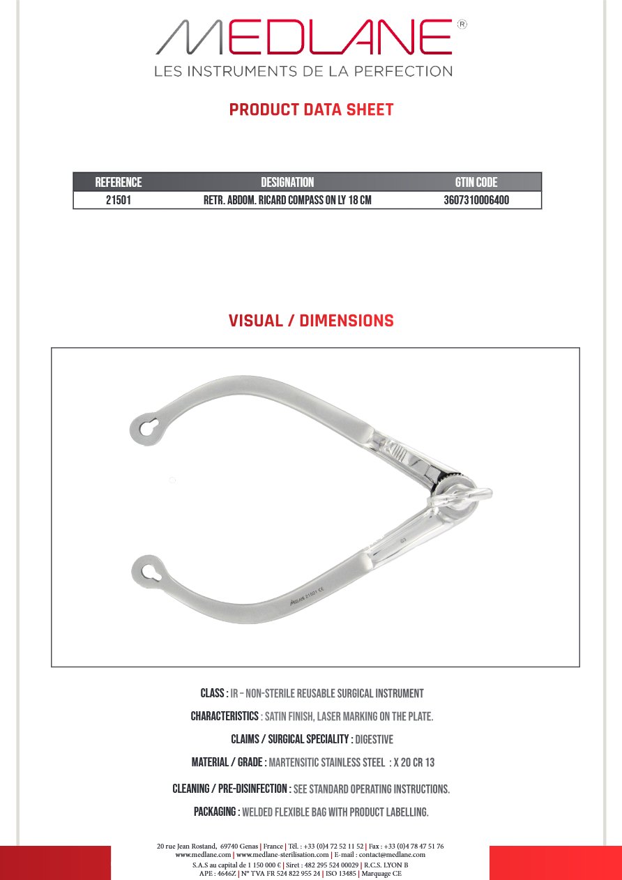 Photo produit MEDLANE : Ecarteur Abdominal Ricard Compas Seul 180 mm, référence 21501P