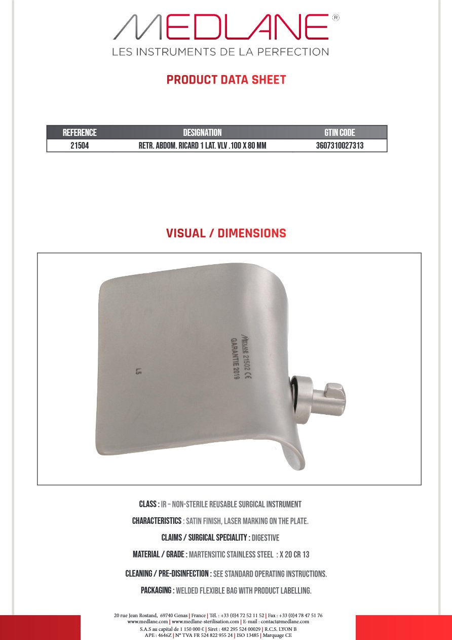 Rétracteur Abdominal RICARD 1 LAT. VLV.100 X 80 MM — REF 21504P