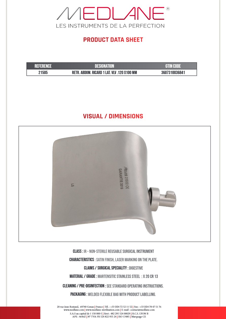 Ecarteur Abdominal Ricard 1 Valve Latéral 120 X 100 mm — REF 21505P