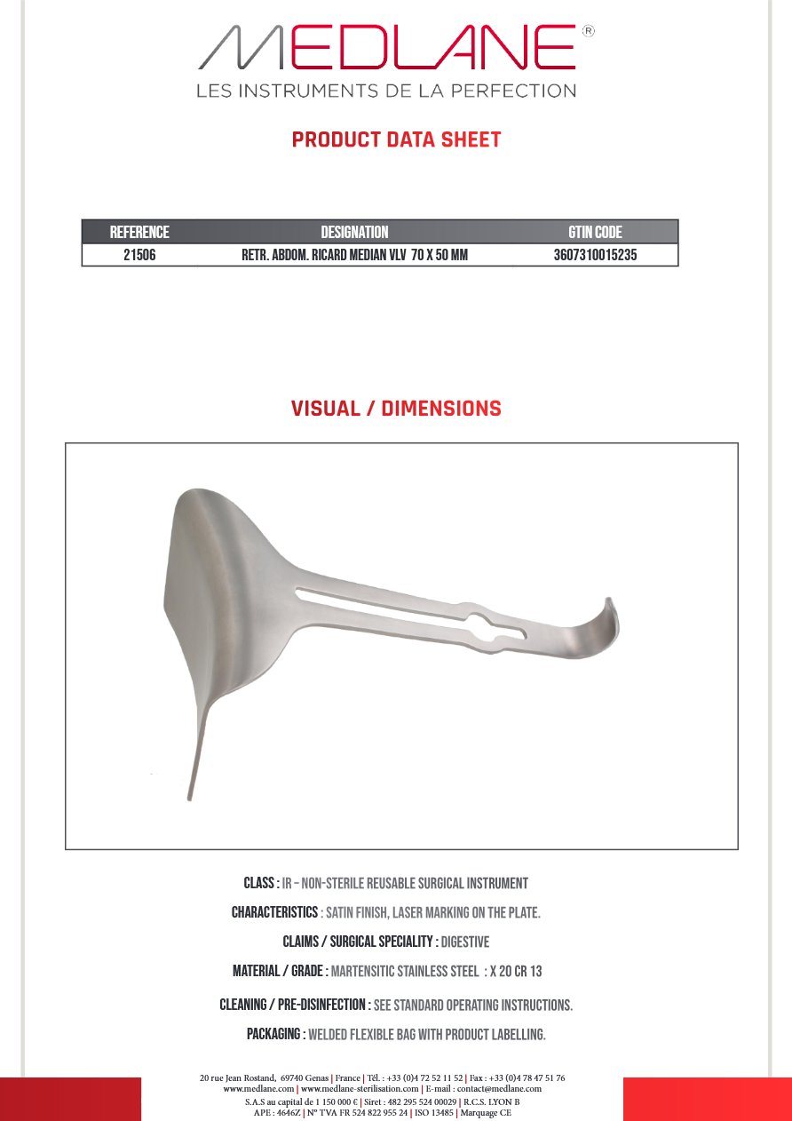 Photo produit MEDLANE : Ecarteur Abdominal Ricard Valve Mediane 70 X 50 mm, référence 21506P