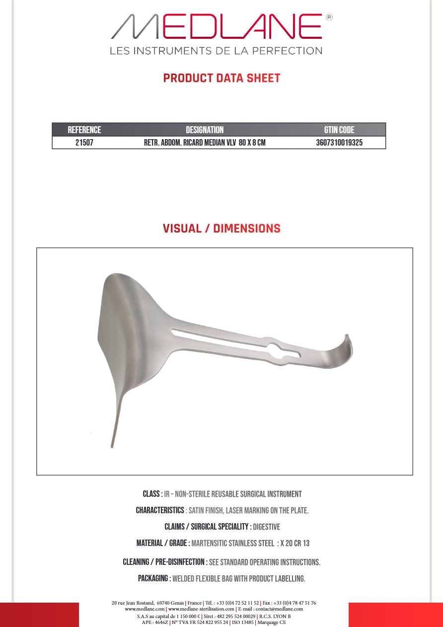 Photo produit MEDLANE : Ecarteur Abdominal Ricard Valve Mediane 80 X 80 mm, référence 21507P