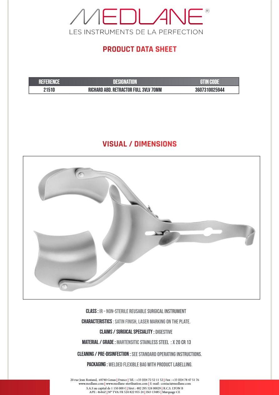 Photo produit MEDLANE : Ecarteur Abdominal Ricard Complet 3 Valves de 70 mm, référence 21510