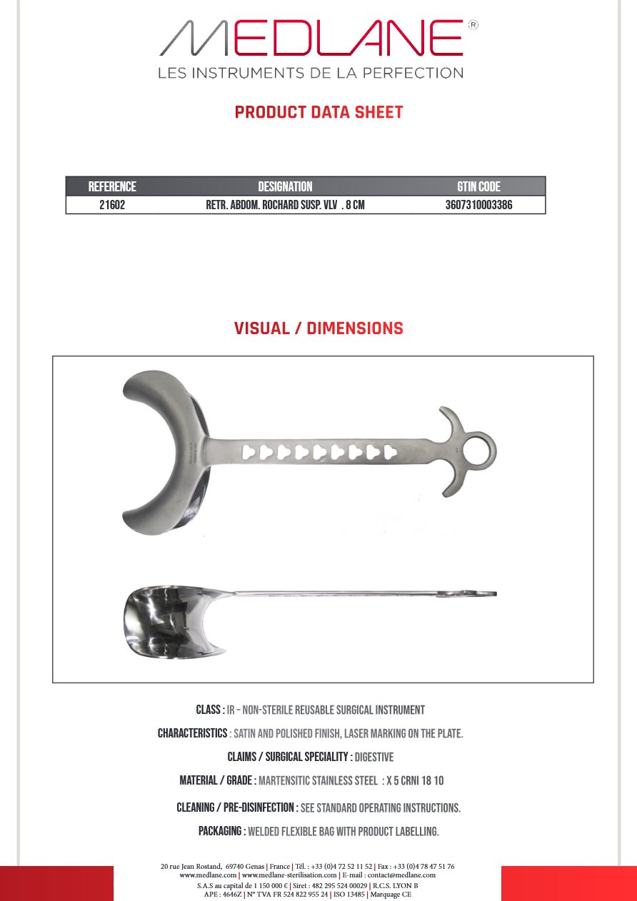 Photo produit MEDLANE : Ecarteur Abdominal Rochard Valve Susp. 80 mm, référence 21602P