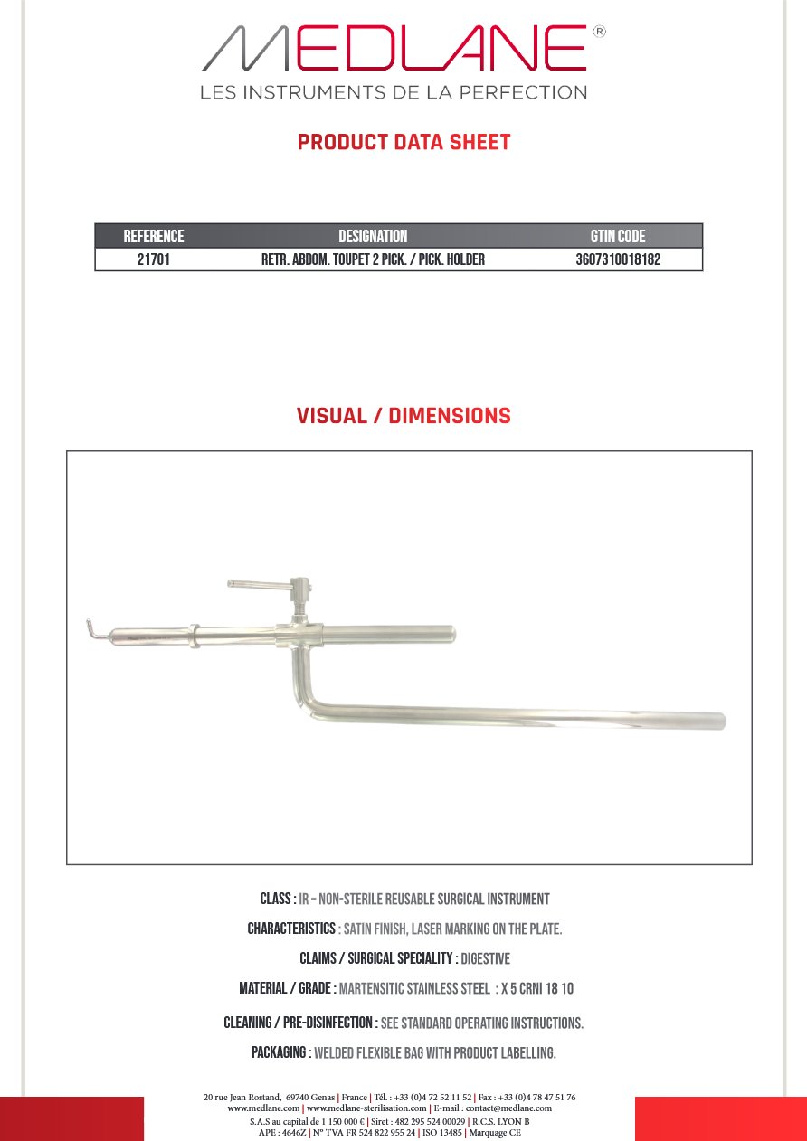 Photo produit MEDLANE : Ecarteur Abdominal Toupet Piquets Paire 300MM et Porte Piq., référence 21701