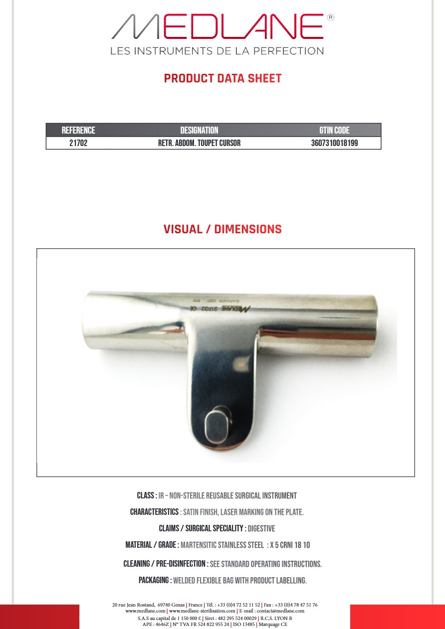 Photo produit MEDLANE : Ecarteur Abdominal Toupet Curseur, référence 21702