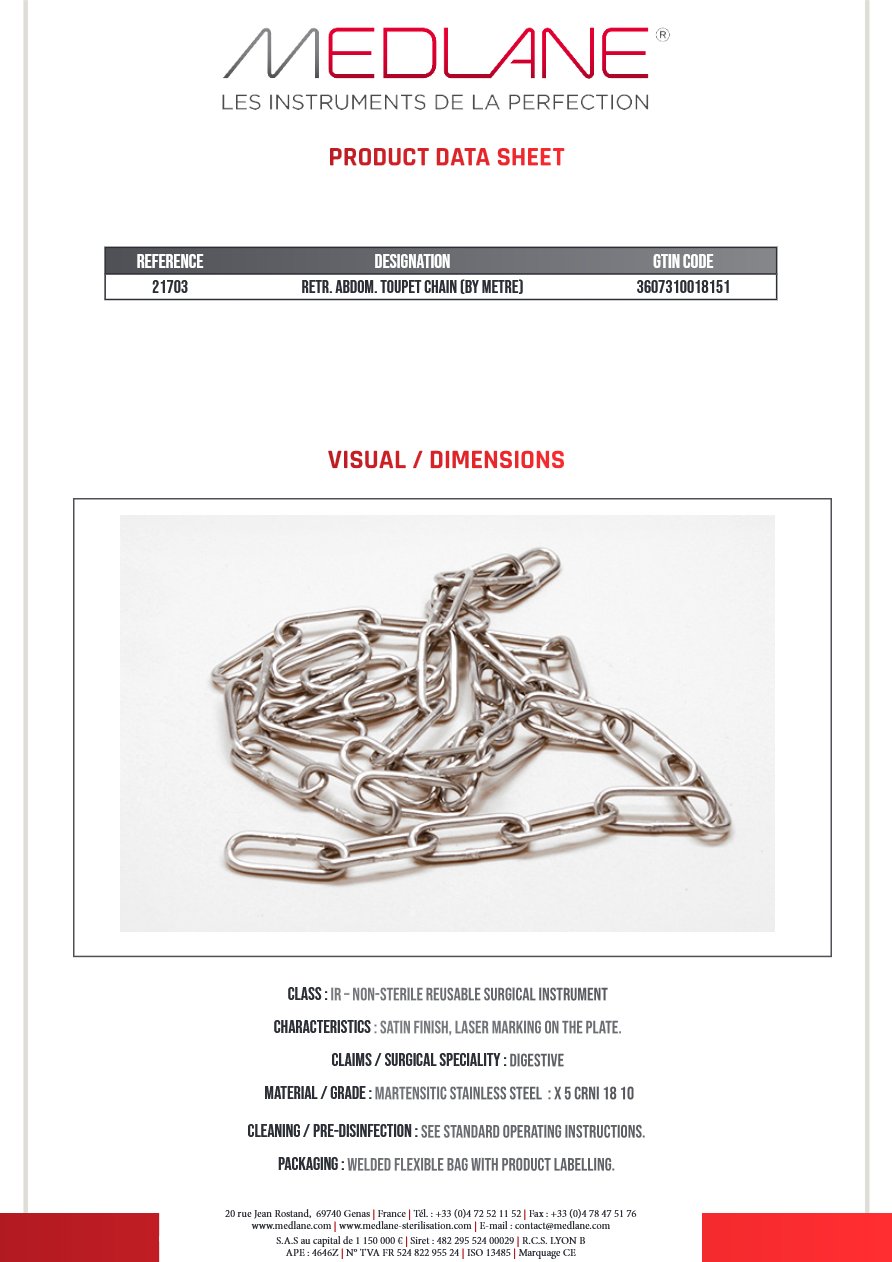 Photo produit MEDLANE : Rétracteur Abdominal TOUPET CHAIN (BY METRE), référence 21703