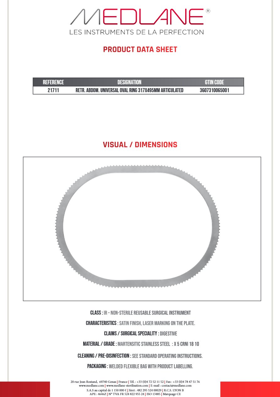 Rétracteur Abdominal UNIVERSAL OVAL RING 317X495MM ARTICULATED — REF 21711