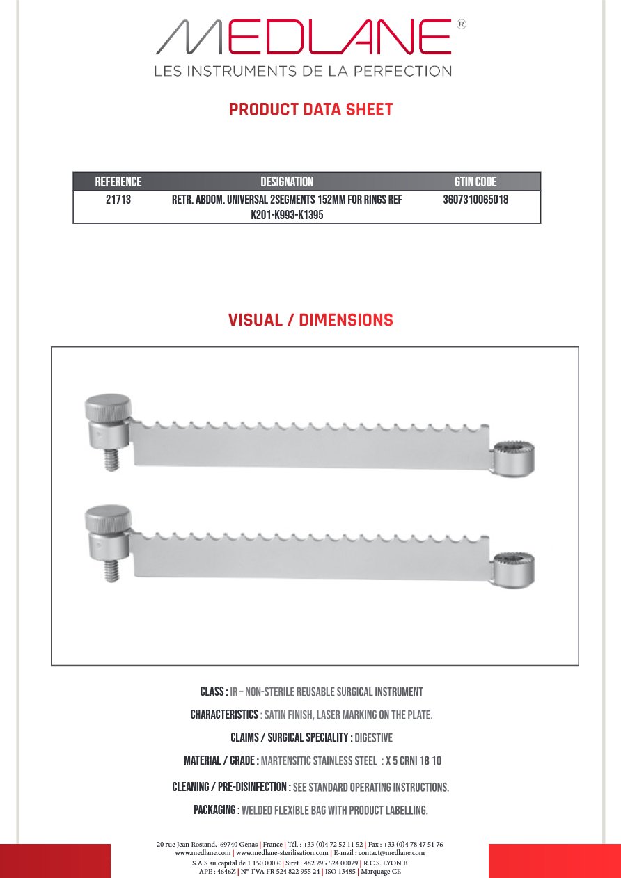 Ecarteur Abdominal Universel Paire Segments 152 mm pour Les Anneaux Référence K201-k 993-k 1395 — REF 21713