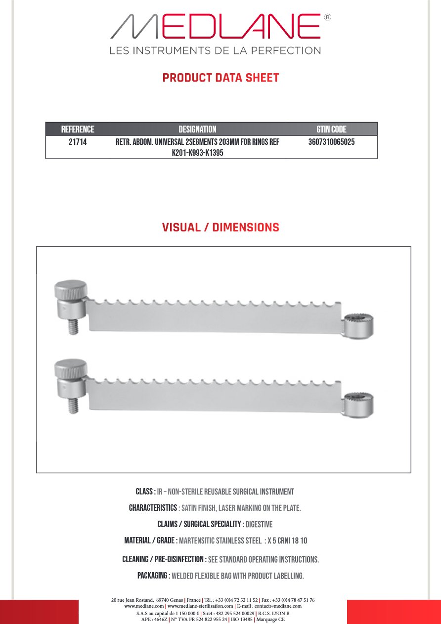 Ecarteur Abdominal Universel Paire Segments 203 mm pour Les Anneaux Référence K201-k 993-k 1395 — REF 21714