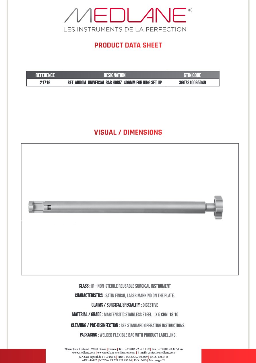 Ecarteur Abdominal Universel Barre Horizontale 406 mm pour Fixation Des Anneaux — REF 21716