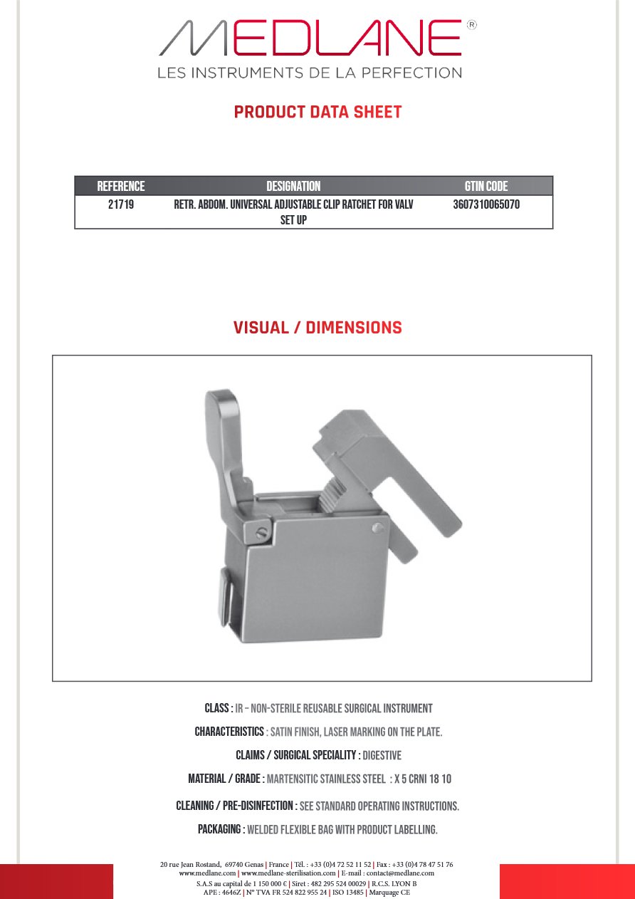 Ecarteur Abdominal Universel Clip Reglable a Cremaillere pour Fixer Les Valves sur L'anneau — REF 21719