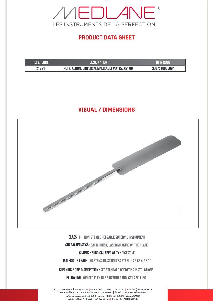 Ecarteur Abdominal Universel Lame Malléable 150 X 51 mm — REF 21721