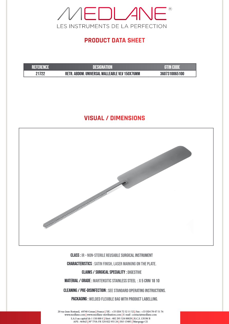 Ecarteur Abdominal Universel Lame Malléable 150 X 76 mm — REF 21722