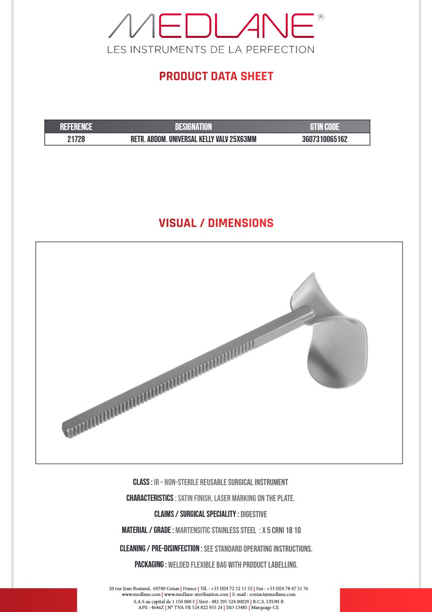 Ecarteur Abdominal Universel Valve Kelly Largeur 25 Profondeur 63 mm — REF 21728