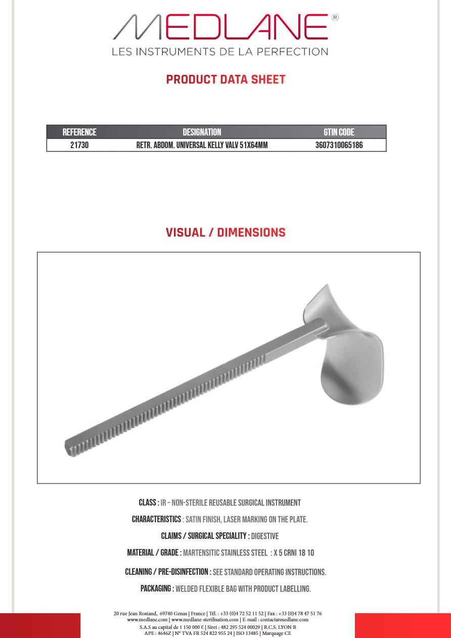 Ecarteur Abdominal Universel Valve Kelly Largeur 51 Profondeur 64 mm — REF 21730