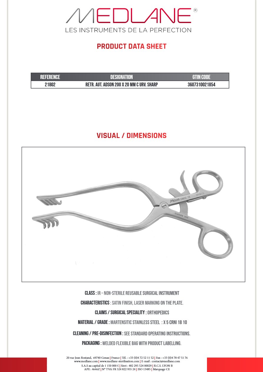 Photo produit MEDLANE : Rétracteur Autostatique ADSON 200 X 20 MM C URV. SHARP, référence 21802P