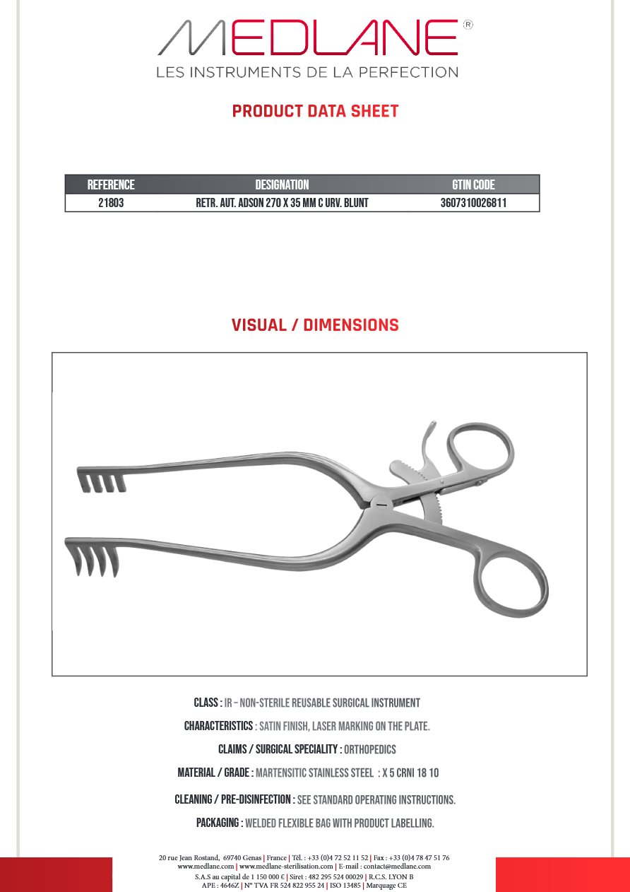 Rétracteur Autostatique ADSON 270 X 35 MM C URV. BLUNT — REF 21803