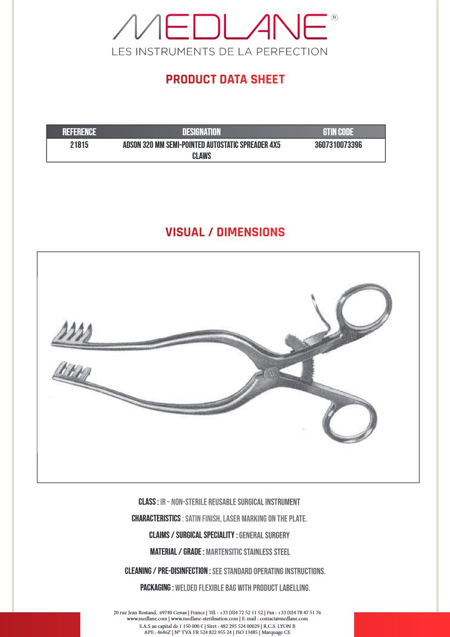 Adson 320 Mm Semi-pointed Autostatic Spreader 4X5 Claws — REF 21815