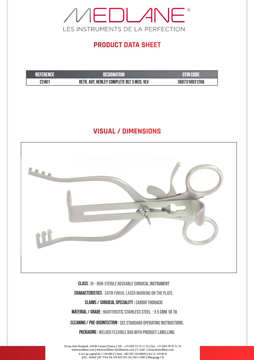 Photo produit MEDLANE : Rétracteur Autostatique HENLEY COMPLETE BLT 3 MED. VLV, référence 22401P