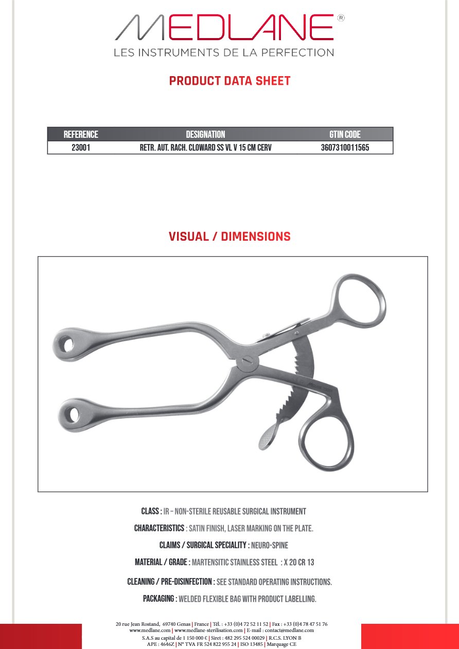 Ecarteur Autostatique rachis Cloward Ss Valve 150 mm Cervical — REF 23001