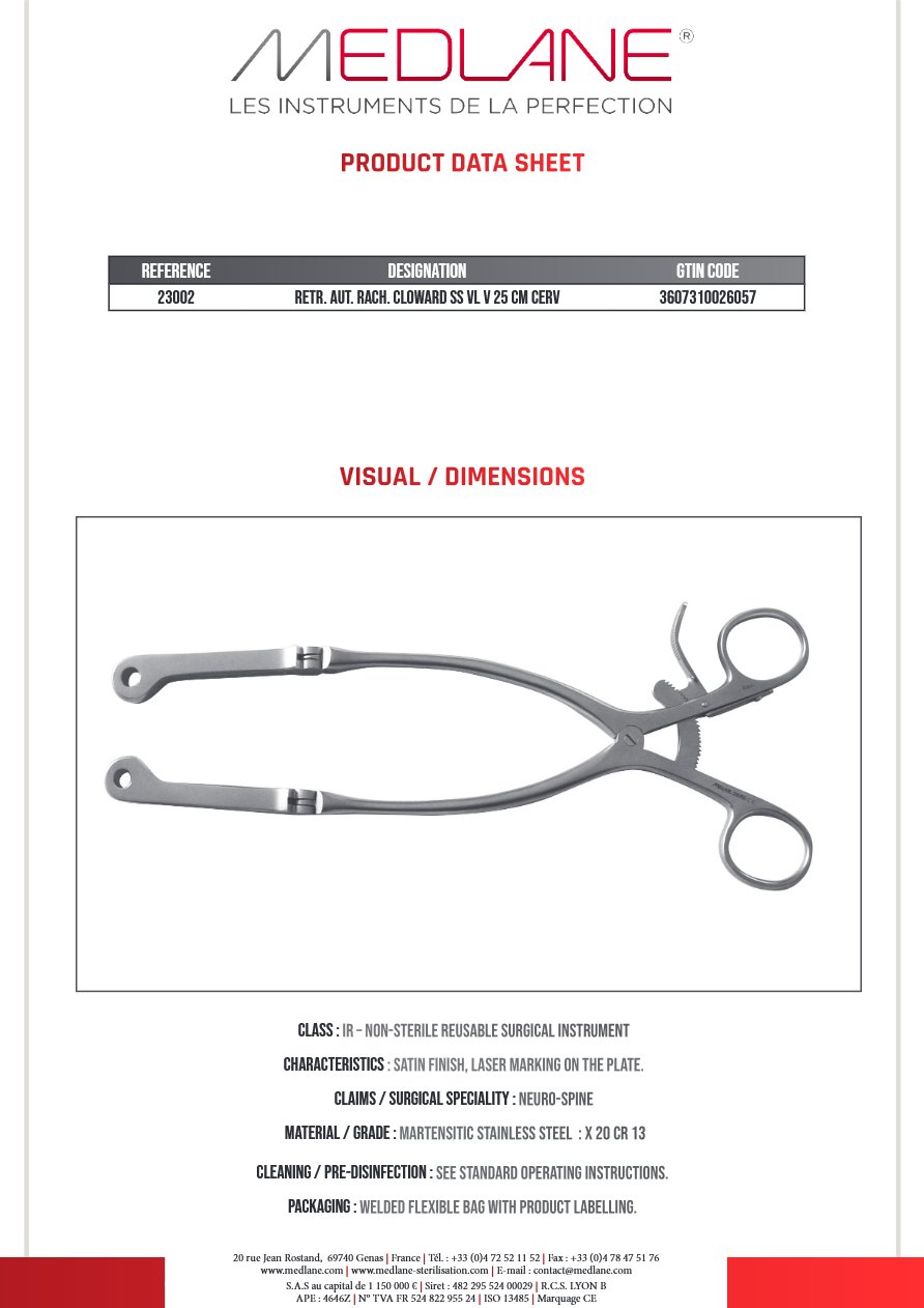 Photo produit MEDLANE : Ecarteur Autostatique rachis Cloward Ss Valve 250 mm Cervical, référence 23002