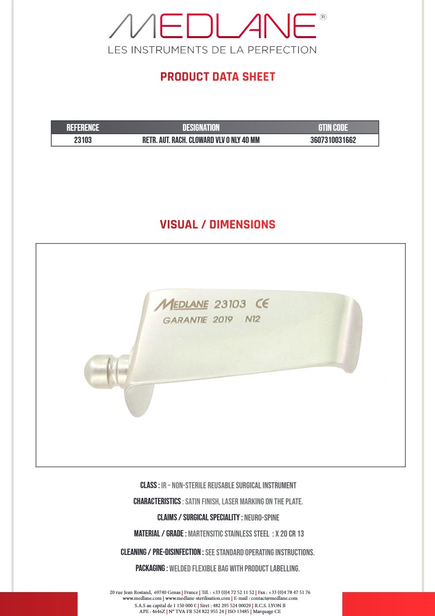 Photo produit MEDLANE : Rétracteur Autostatique rachis CLOWARD VLV O NLY 40 MM, référence 23103