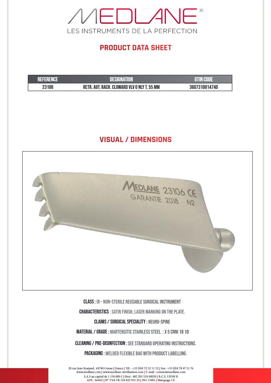 Ecarteur Autostatique rachis Cloward 1 Valve Seule Griffes 55 mm — REF 23108