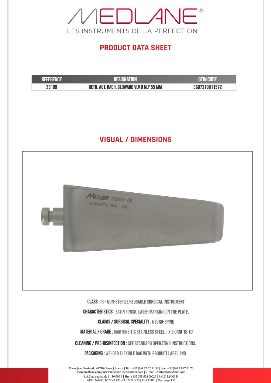 Photo produit MEDLANE : Ecarteur Autostatique rachis Cloward 1 Valve Seule 55 mm, référence 23109