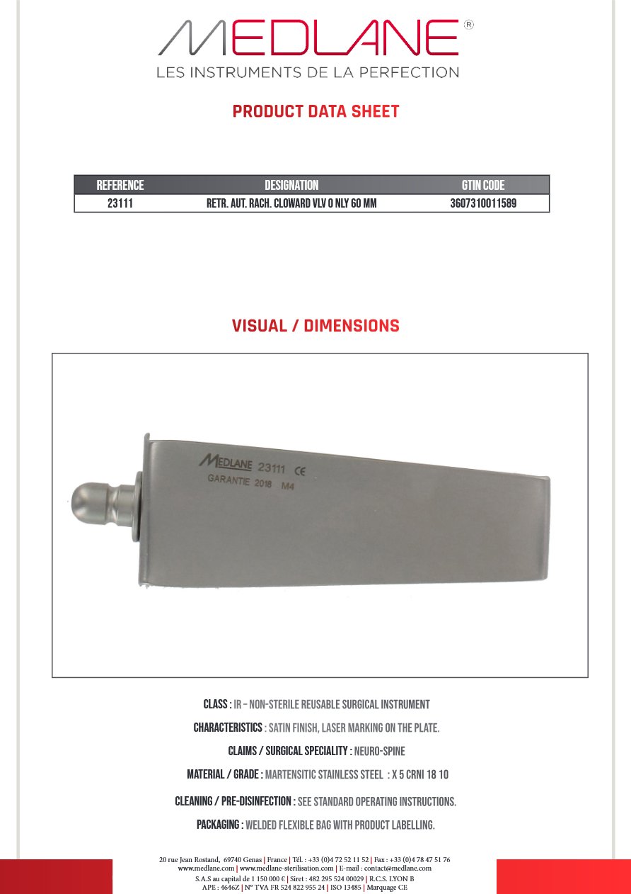 Photo produit MEDLANE : Rétracteur Autostatique rachis CLOWARD VLV O NLY 60 MM, référence 23111