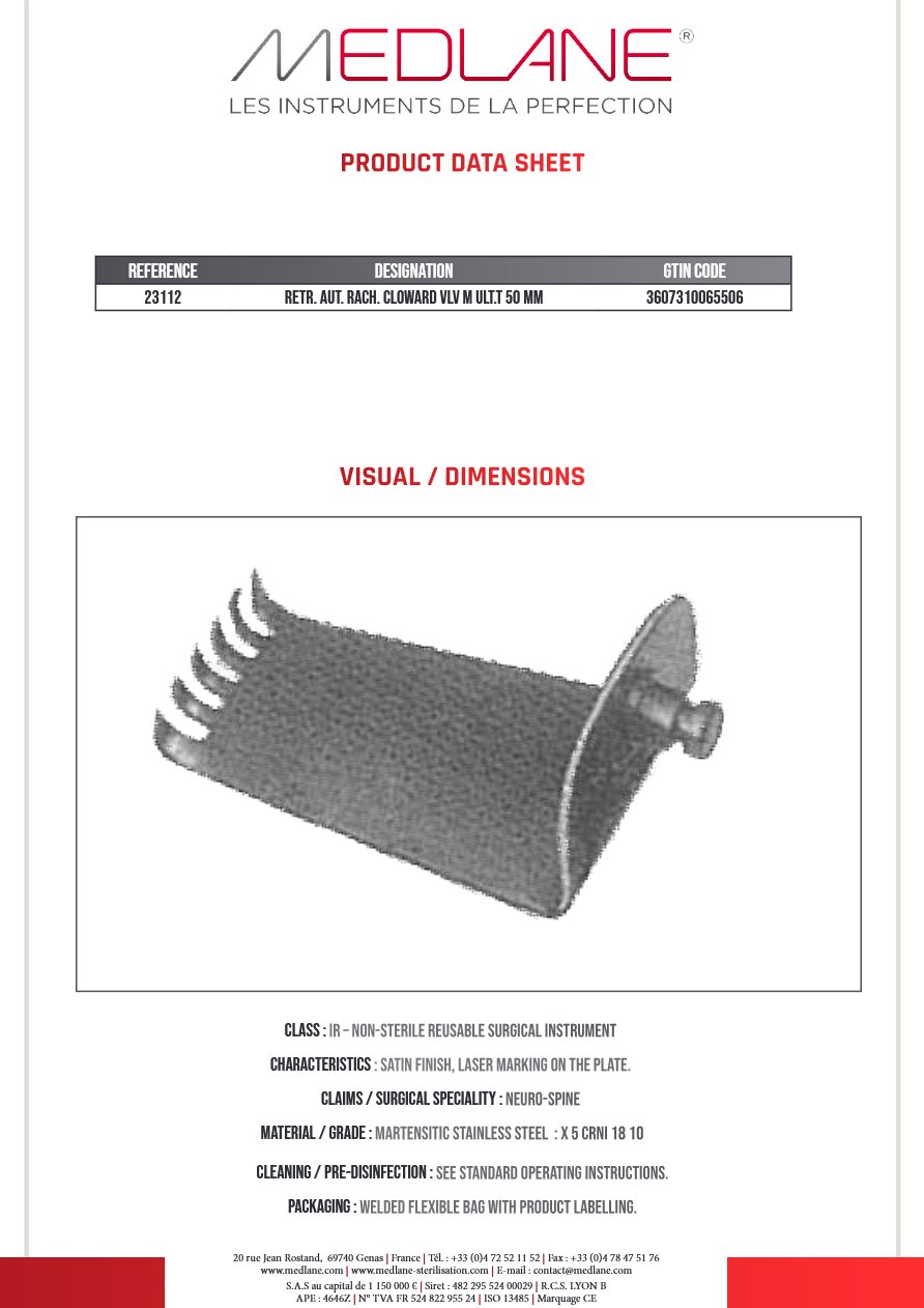 Rétracteur Autostatique rachis CLOWARD VLV M ULT. T 50 MM — REF 23112