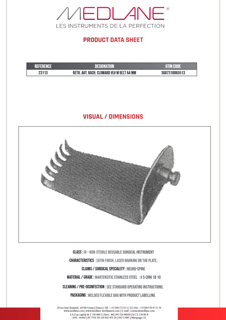Rétracteur Autostatique rachis CLOWARD VLV M ULT. T 64 MM — REF 23113