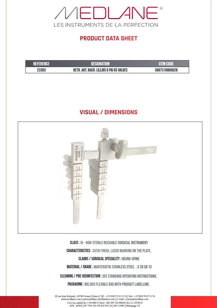 Photo produit MEDLANE : Ecarteur Autostatique rachis Lillois Inox 6 Paires Valves Pds: 826 Griffes, référence 23303P