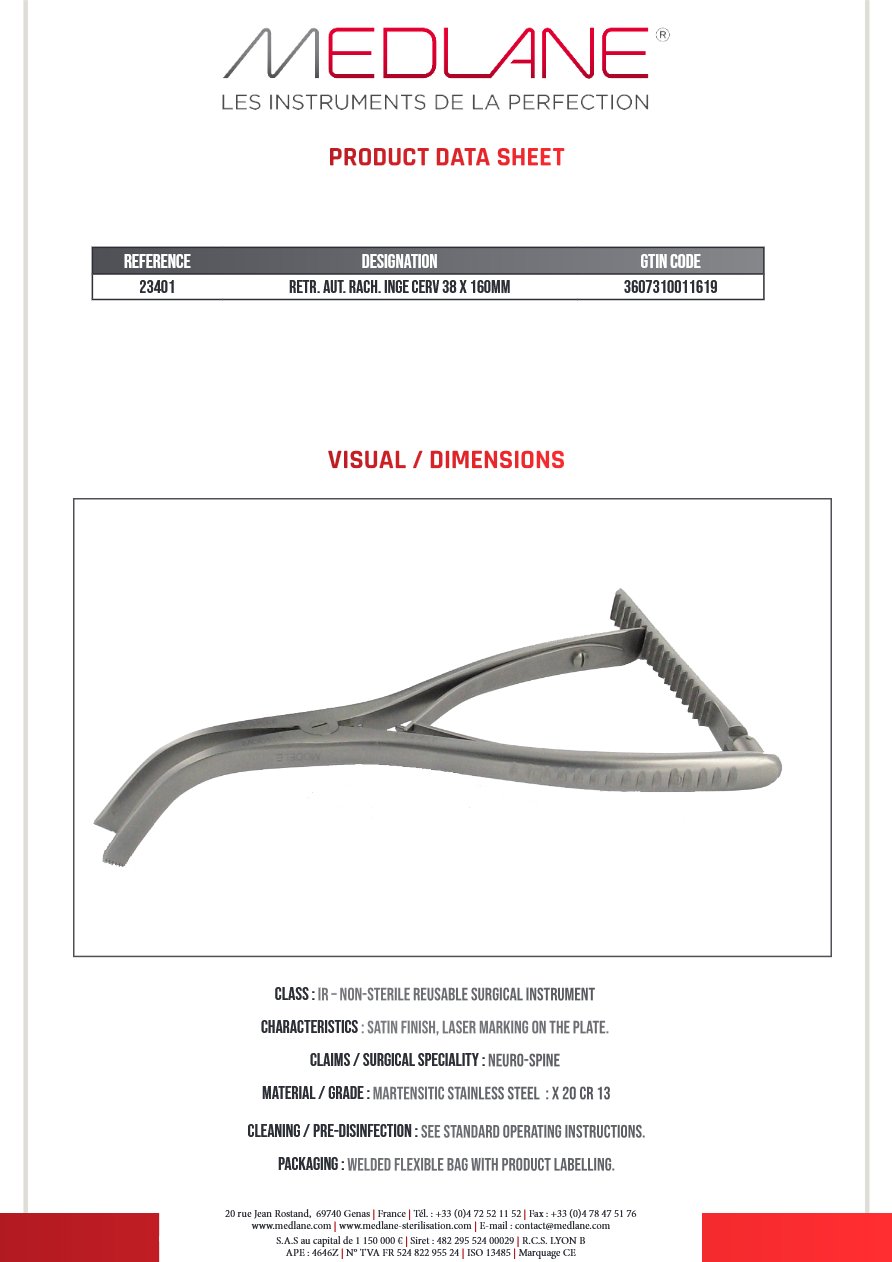 Photo produit MEDLANE : Ecarteur Autostatique rachis Inge Meary Cervical 38 X 160MM, référence 23401