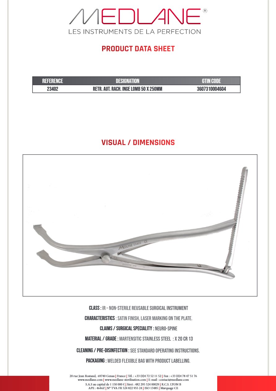 Photo produit MEDLANE : Rétracteur Autostatique rachis Inge Lombaire 50 X 250MM, référence 23402